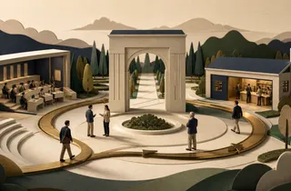 纸艺场景中，商学院课堂与成熟企业围绕中央拱门和环形路径相连，学生、经营者与导师在其中往返。
