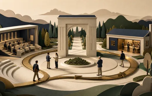 A paper-art business-school classroom and an established company connected by an arch and circular path, with students, operators and mentors moving between them.