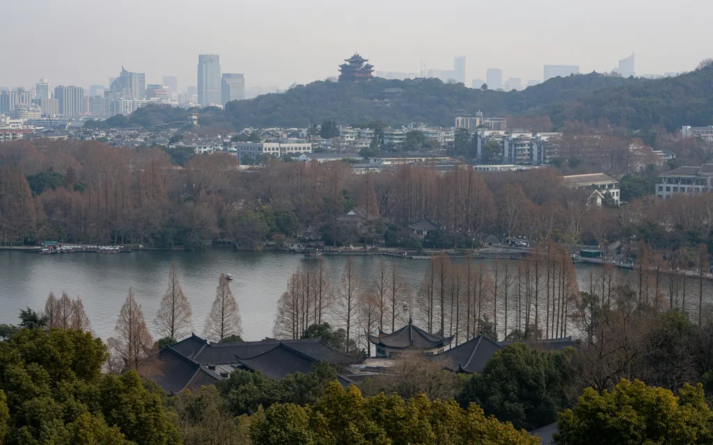 A panoramic view of West Lake and the Hangzhou skyline.