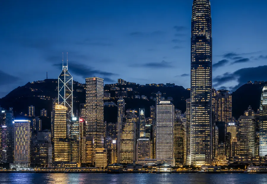 Hong Kong skyline across Victoria Harbour at night.