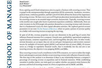 Yale School of Management 关于重复收入与搜索基金收购企业财务结果研究的 PDF 首页截图。