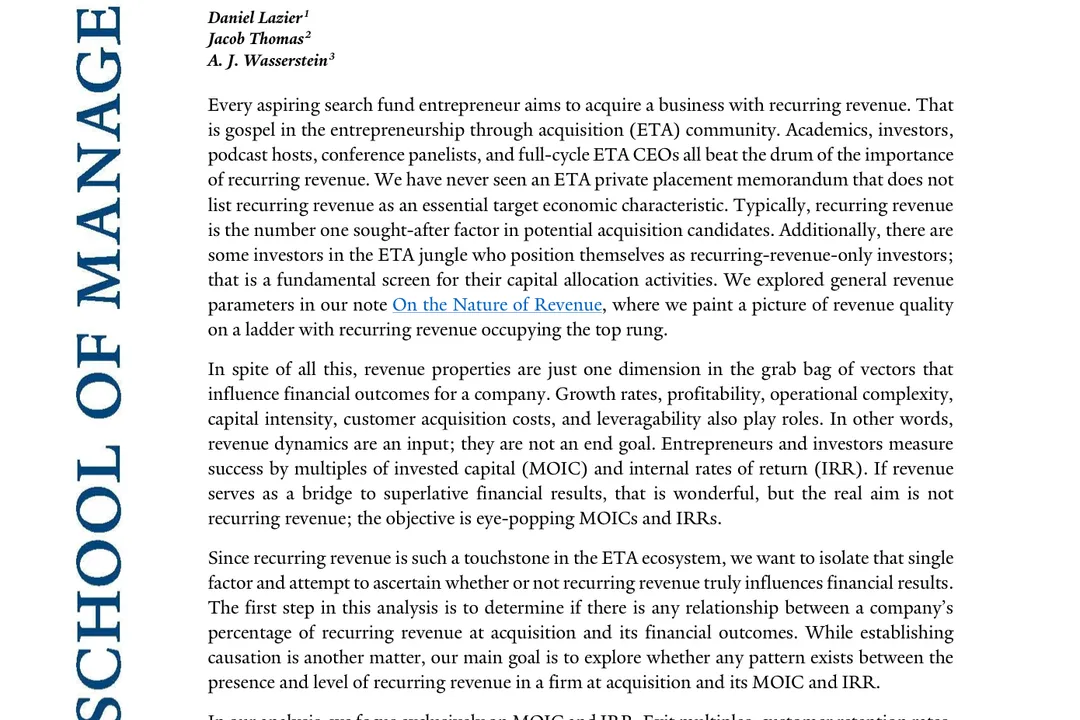 Yale School of Management 关于重复收入与搜索基金收购企业财务结果研究的 PDF 首页截图。