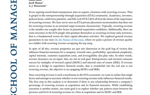 Yale School of Management 关于重复收入与搜索基金收购企业财务结果研究的 PDF 首页截图。