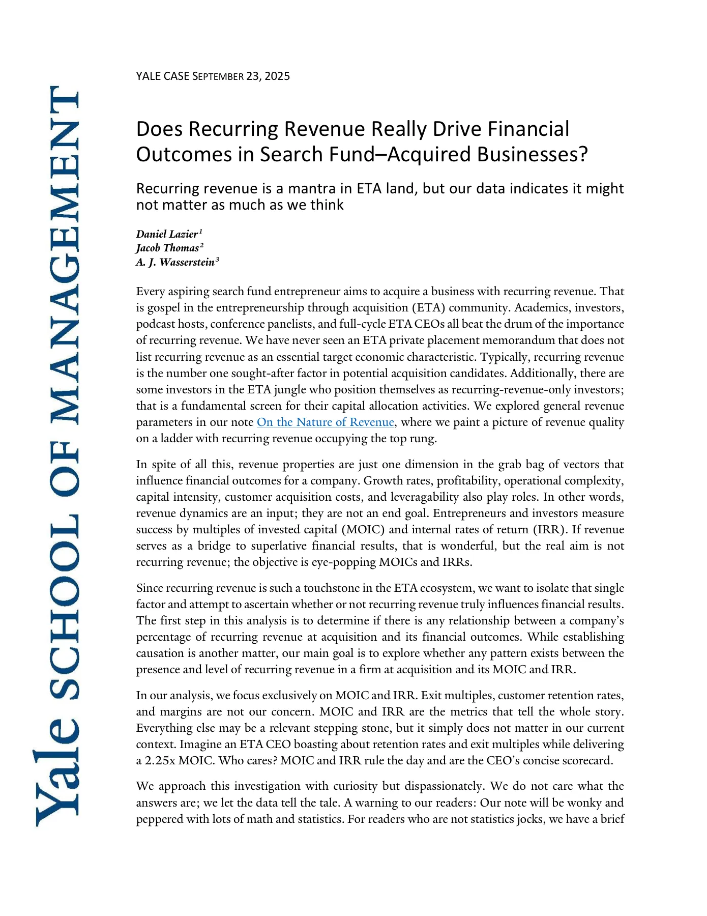 Yale School of Management 关于重复收入与搜索基金收购企业财务结果研究的 PDF 首页截图。