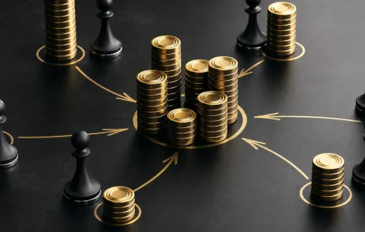 金币与棋子围绕战略路径排列，象征搜索基金的资本与经营决策。