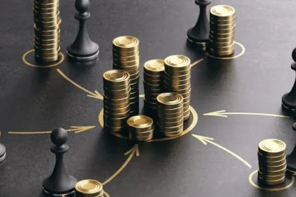 Coins and chess pieces arranged around a strategic path, representing search fund capital and operating decisions.