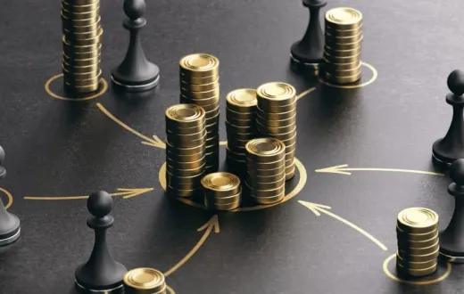 Coins and chess pieces arranged around a strategic path, representing search fund capital and operating decisions.