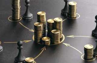 Coins and chess pieces arranged around a strategic path, representing search fund capital and operating decisions.