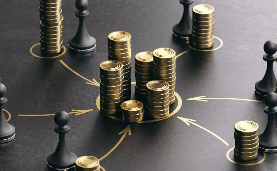 Coins and chess pieces arranged around a strategic path, representing search fund capital and operating decisions.